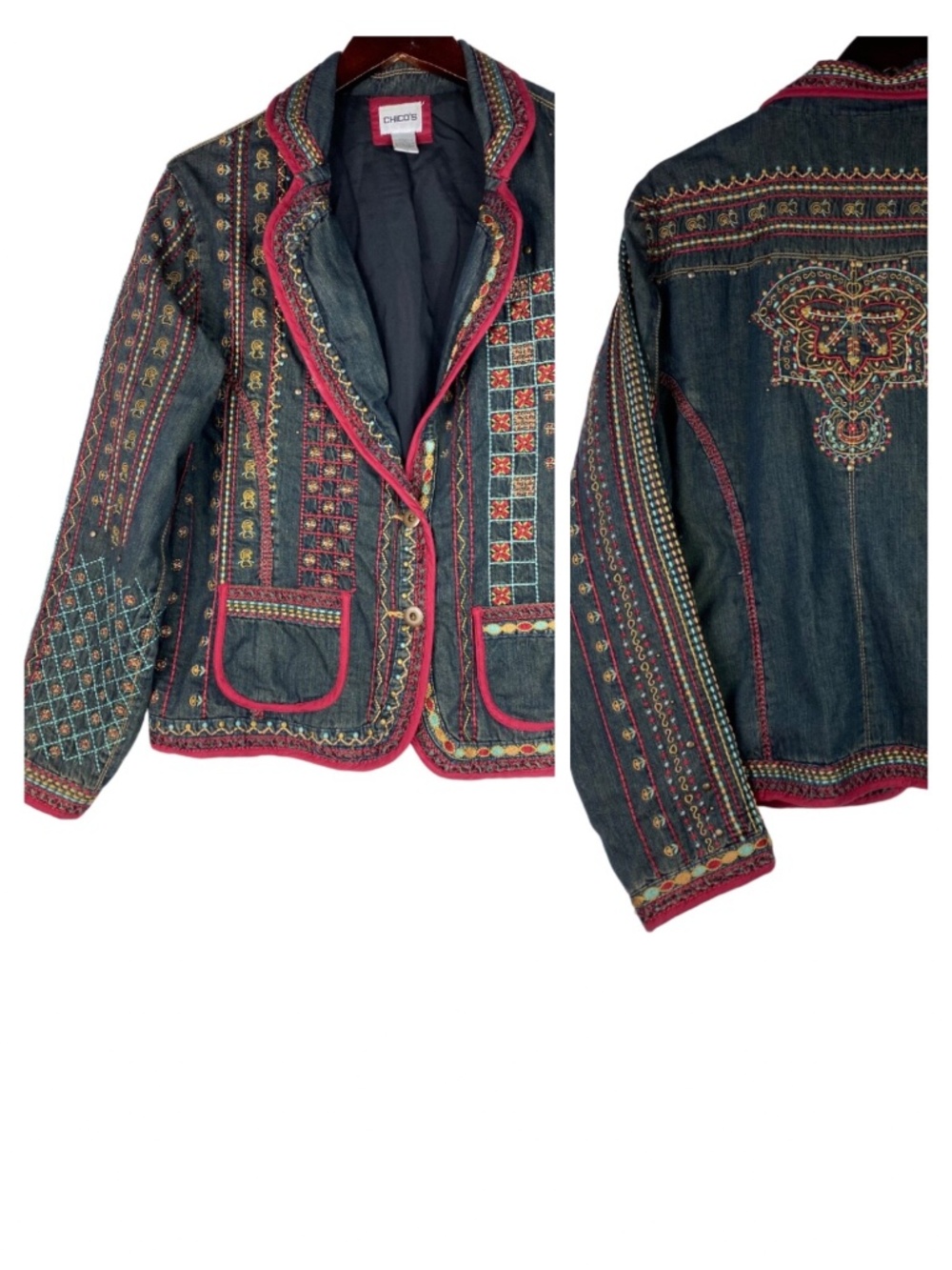 Chicos 2 (Large 12 14 ) Jean Denim Jacket Coat Embroidered Blue Red Art to Wear